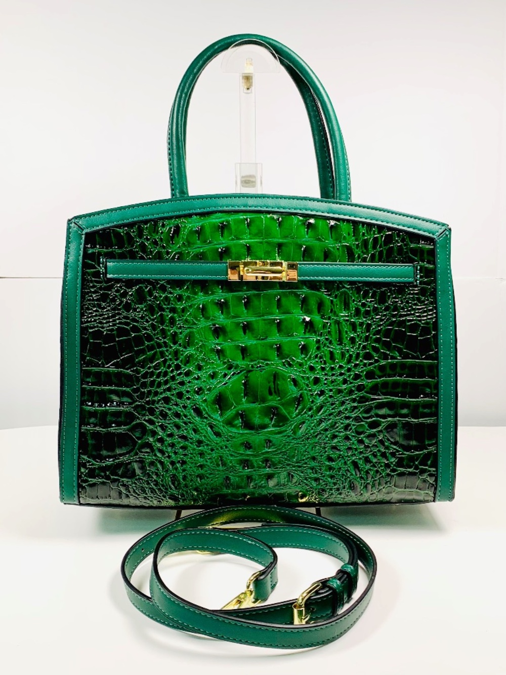 Chic Green Crocodile Embossed Leather Top Handle Satchel Shoulder Bag Structured